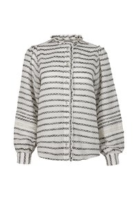 Bílá blůza s černými vodorovnými pruhy, volánkovým límcem, zapínáním na knoflíky a nabíranými rukávy s krajkovými detaily na manžetách.