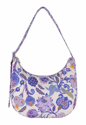 Sac bandoulière avec motif floral violet sur fond clair, avec diverses fleurs et feuilles stylisées et une fermeture éclair en haut.