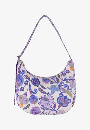 Bolso de hombro con patrón floral morado sobre fondo claro, con varias flores y hojas estilizadas y cierre superior con cremallera.
