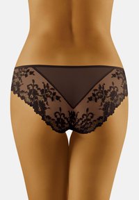 Culotte en mesh noir avec un délicat détail en dentelle noire sur les bords, présentant des motifs floraux et une finition lisse et sans coutures.