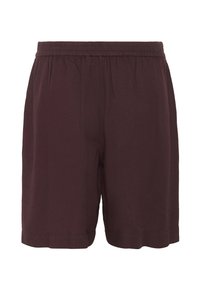 Pantaloni corti bordeaux in tessuto leggero. Presentano una vita elastica e una vestibilità dritta senza tasche visibili o decorazioni.