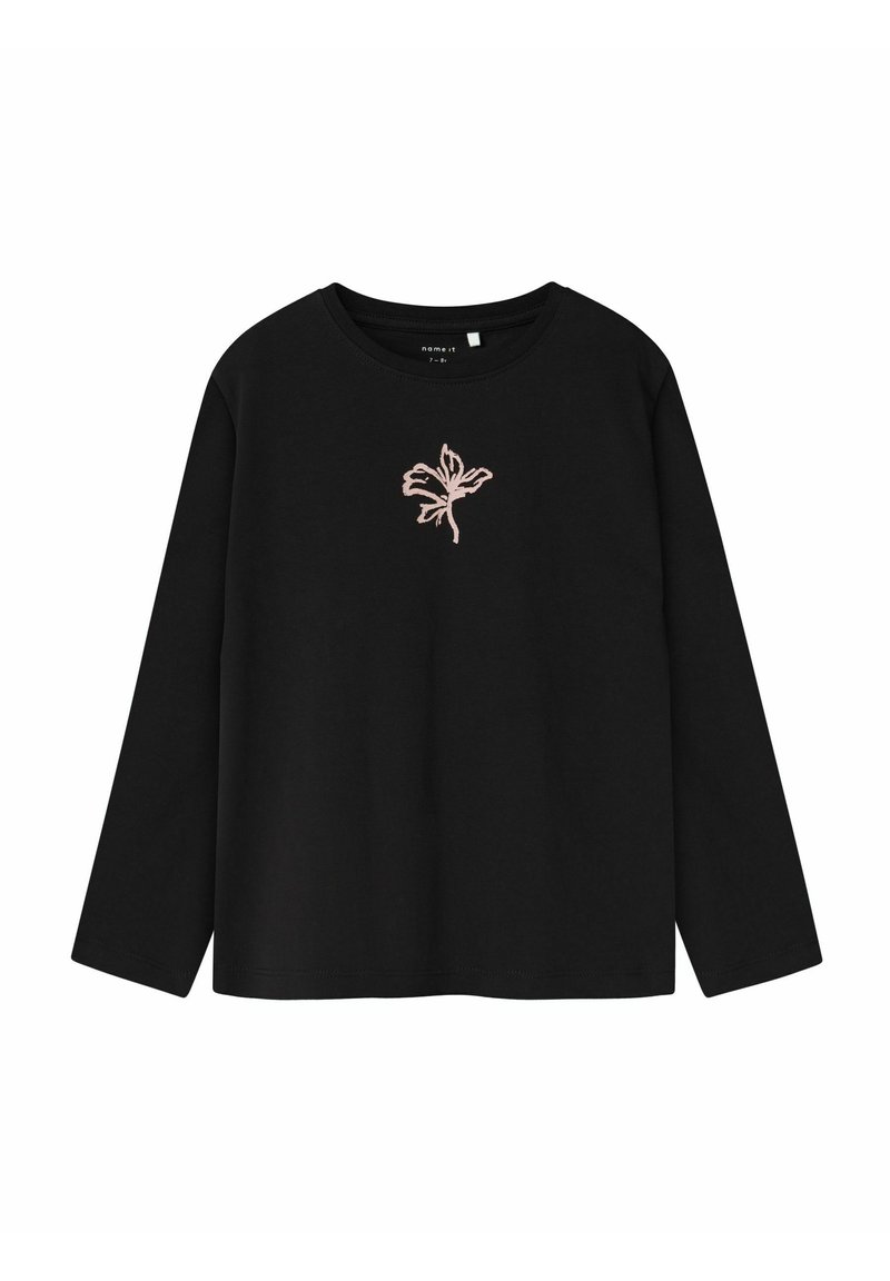 Schwarzes Langarmshirt mit Rundhals und schlichtem, rosa Blumenmuster in der Mitte der Brust.