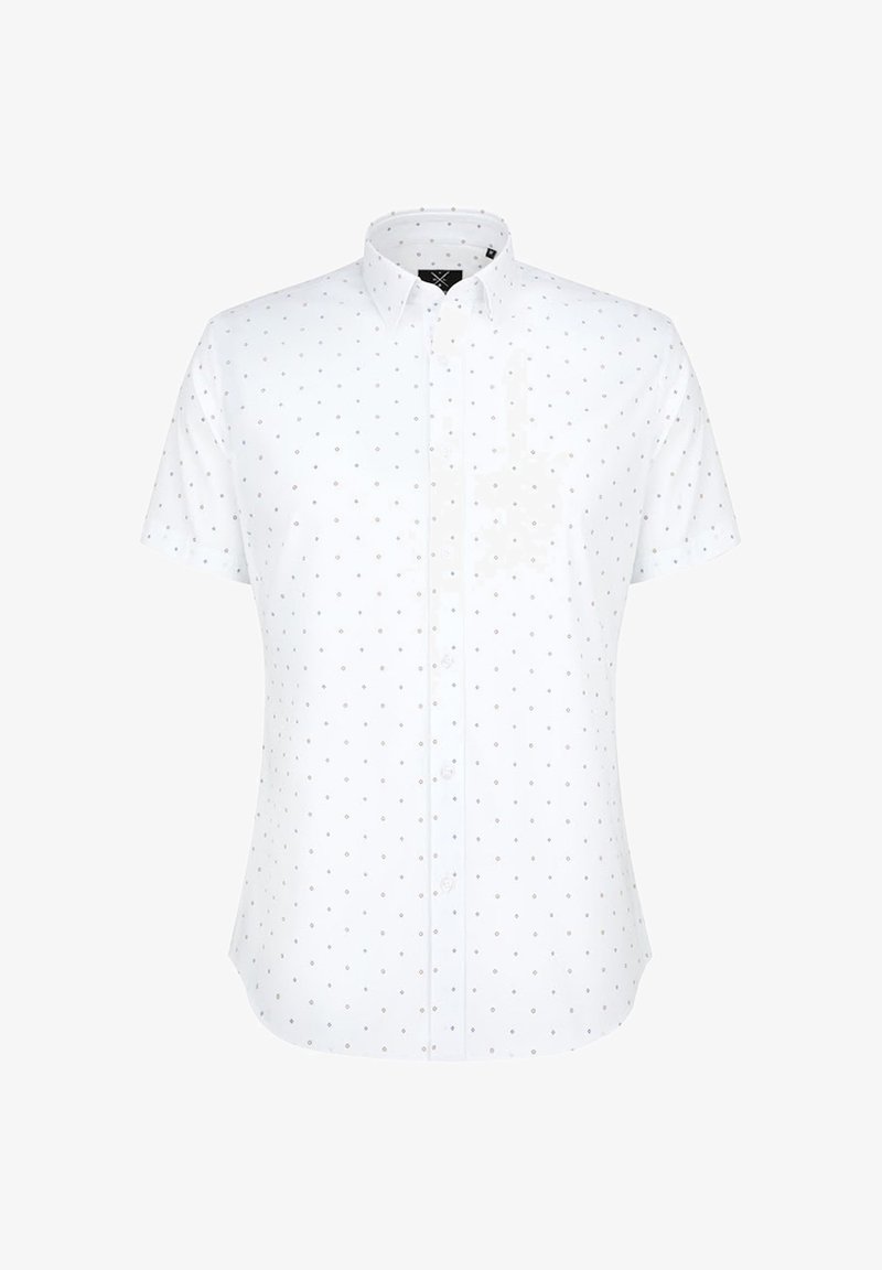 Biała koszula z krótkim rękawem i kołnierzykiem zapinanym na guziki, z powtarzającym się wzorem małych kolorowych kropek równomiernie rozmieszczonych na materiale.