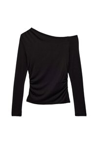 Zwarte, lange mouwen top met een off-the-shoulder ontwerp, geplooide textuur aan de voorkant en een aansluitende silhouet. Gemaakt van zacht materiaal.