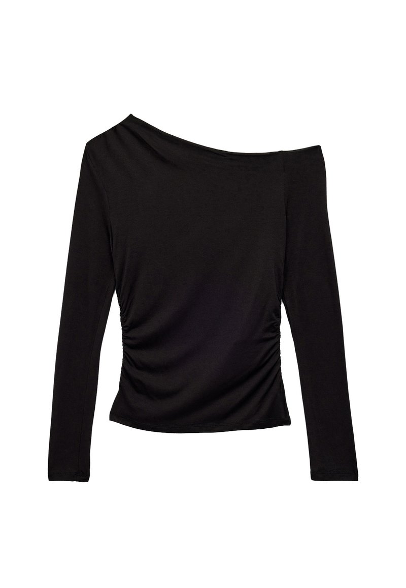 Zwarte, lange mouwen top met een off-the-shoulder ontwerp, geplooide textuur aan de voorkant en een aansluitende silhouet. Gemaakt van zacht materiaal.