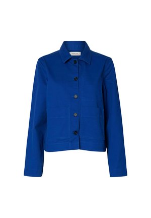 Veste bleue boutonnée avec manches longues, deux poches avant et un col, présentée sur un fond blanc.
