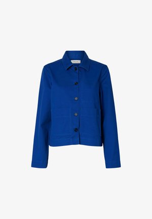Veste bleue boutonnée avec manches longues, deux poches avant et un col, présentée sur un fond blanc.