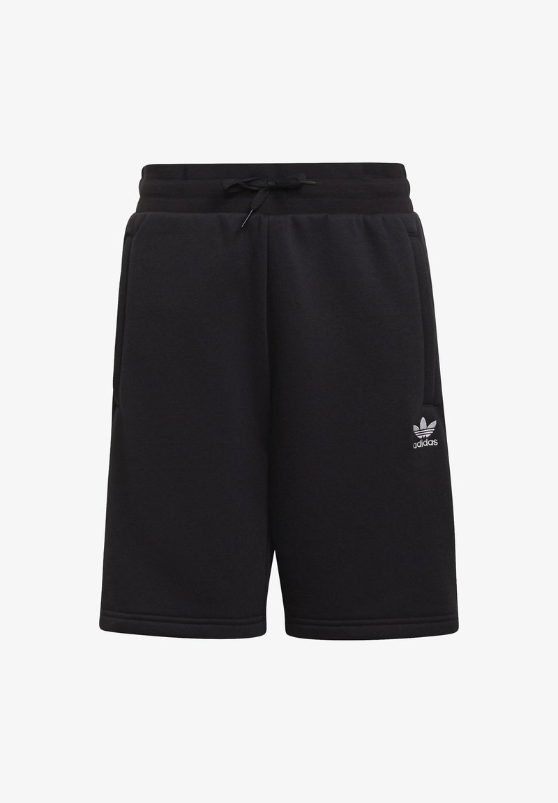 Pantalones cortos de algodón negros con cintura elástica y cordón. Presenta bolsillos laterales y un pequeño logo blanco en el muslo izquierdo.