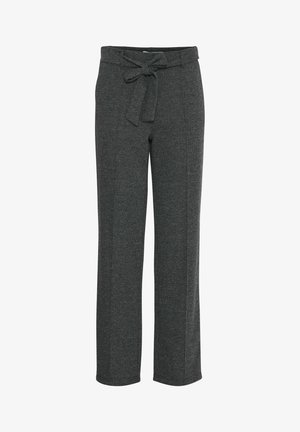 Pantalons gris charbon avec une finition texturée, dotés d'une taille à nouer et d'une coupe droite, adaptés à une tenue décontractée ou semi-formelle.