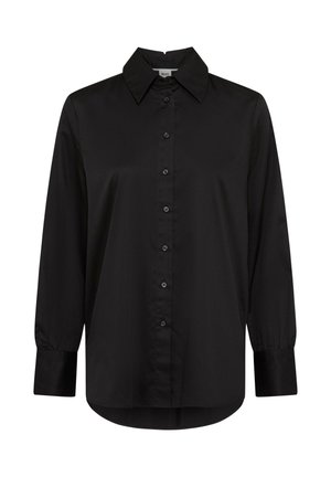 Schwarzes Hemd mit Knopfleiste, aus glattem Stoff, mit klassischem Kragen, langen Ärmeln mit geknöpften Manschetten und geschwungener Saumlinie.