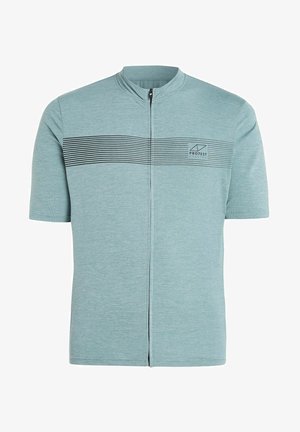 Hellblaues Kurzarm-Zipperhemd mit strukturiertem Muster und horizontalen schwarzen Streifen über der Brust. Kleines Logo auf der linken Seite.