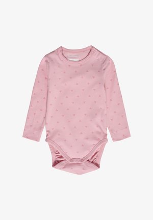 Långärmad babykroppsdräkt i mjuk rosa bomull med små blommönster, som har tryckknappar vid axeln och botten för enkel påklädning.