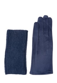 Marineblaue Handschuhe mit glatter Textur und vier Fingern, dazu ein passender gerippter Strickschal. Beide Teile sind weich und warm.