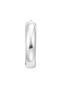 Anello di metallo argentato con una superficie liscia e lucida. Presenta un design arrotondato e allungato e un'apertura stretta su un lato.