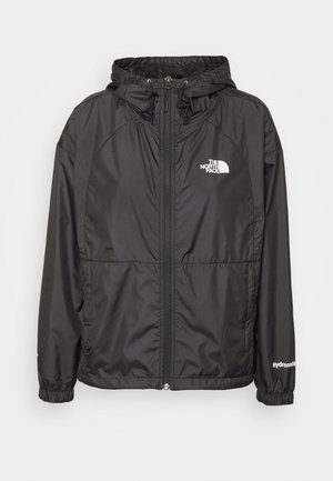 Zwarte lichtgewicht capuchonjas met ritssluiting aan de voorkant, elastische manchetten en het The North Face en Hydrenalin logo op borst en mouw.