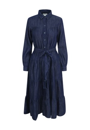 Dark blue denim long-sleeve shirt dress with front buttons, a tie belt at the waist, and a tiered, ruffled skirt.