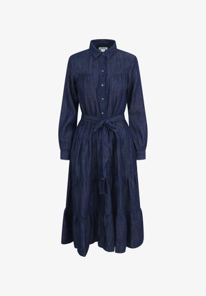 Dark blue denim long-sleeve shirt dress with front buttons, a tie belt at the waist, and a tiered, ruffled skirt.