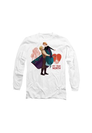 White long-sleeve shirt featuring animated characters. Design includes green and black dresses, a red heart, trees, and the text "MY TRUE NORTH."