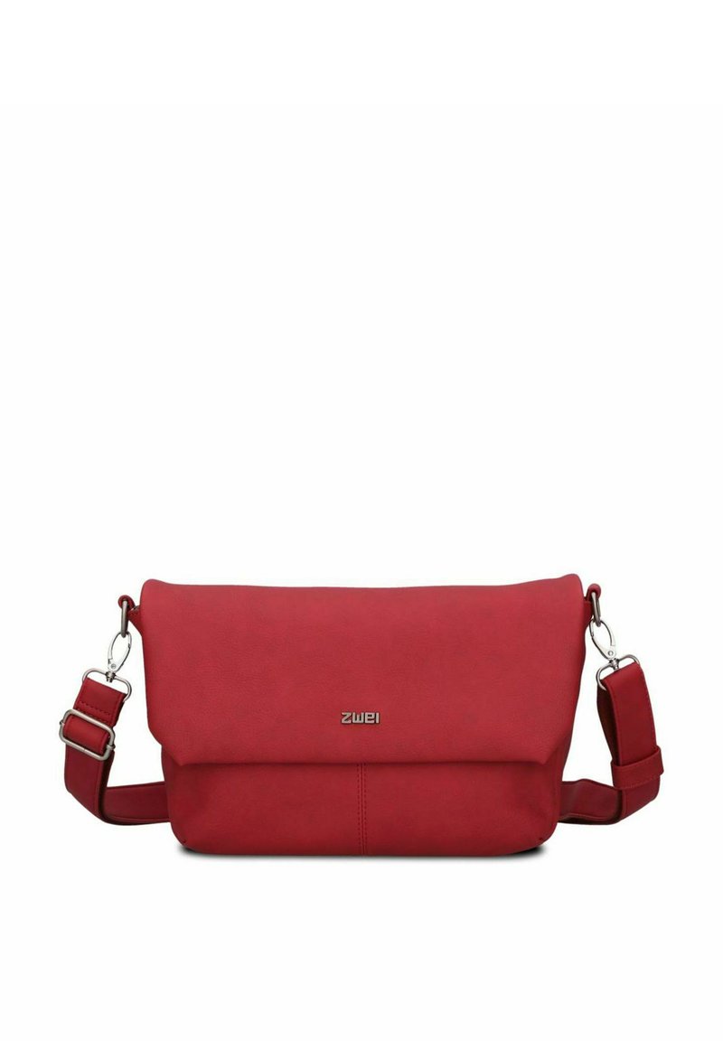 Borsa a tracolla rossa realizzata in materiale testurizzato, con patta pieghevole, tracolla regolabile e hardware argentato con dettaglio del logo.