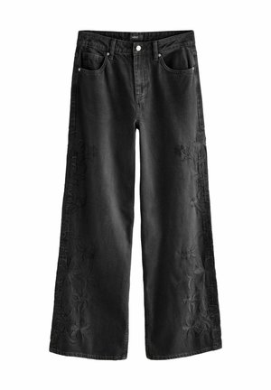 EMBROIDERED WIDE LEG - Široké nohavice - black