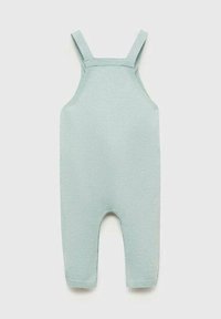 Salopette azzurra chiara lavorata a maglia con bretelle regolabili, vestibilità ampia, gambe svasate e texture liscia. Adatta per un abbigliamento casual.