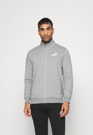 Felpa grigia con zip realizzata in tessuto morbido, con colletto alto, polsini a costine e logo Puma bianco sul lato sinistro del petto.