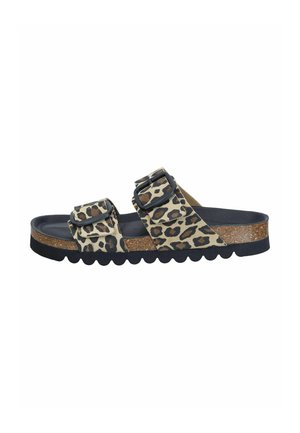 Slip-on sandal with leopard print straps, black buckles, cork footbed, and black ridged sole.