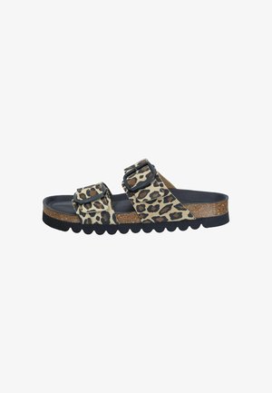 Slip-on sandal with leopard print straps, black buckles, cork footbed, and black ridged sole.