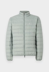 Light green puffer jacket with a high collar, zip closure, and horizontal quilted pattern. Features a small logo on the chest.