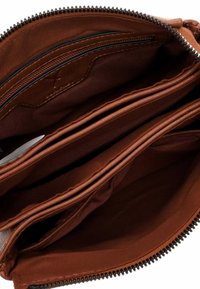 Brown zippered wallet with multiple compartments, featuring smooth leather texture and brown fabric lining. Zipper closure with black hardware.