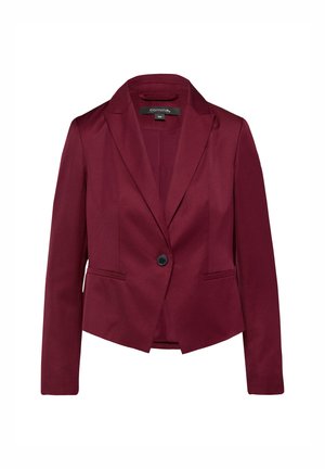 Burgunderfarbener Blazer mit tailliertem Schnitt, prägnanten Revers, einem schwarzen Knopfverschluss und zwei Eingrifftaschen. Glattes Material mit subtiler Textur.