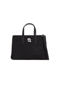 Borsa tote nera realizzata in tessuto morbido con manici in pelle. Presenta un dettaglio decorativo frontale e una tracolla removibile.