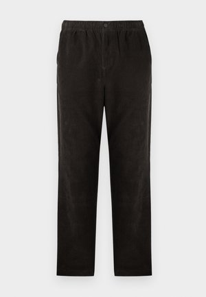 Black corduroy trousers with a straight-leg design, featuring an elastic waistband and a single button closure. Smooth texture, minimal detailing.