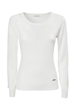 Maglione bianco a maniche lunghe in un design aderente, realizzato in materiale morbido con polsini a coste e un piccolo dettaglio dorato sull'orlo.