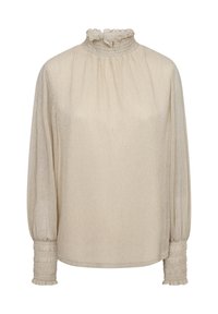 Beige blouse met lange mouwen en hoge smock-kraag, met gathered schouders en smock-boorden, gemaakt van lichte, gestructureerde stof.