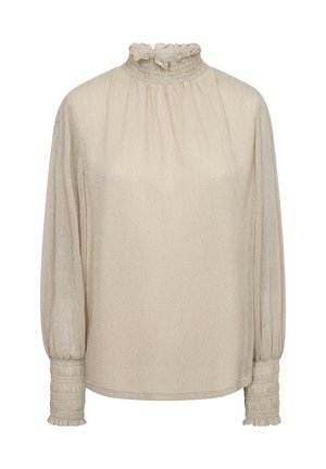 Beige blouse met lange mouwen en hoge smock-kraag, met gathered schouders en smock-boorden, gemaakt van lichte, gestructureerde stof.