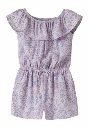 Tuta corta lavanda con scollo elastico a spalle scoperte, dettaglio con volant, vita con coulisse e motivo floreale paisley viola.