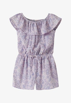 Lavendelkleurige korte romper met elastische off-shoulder halslijn, ruchesdetail, trekkoord in de taille en paars paisley bloemenpatroon.