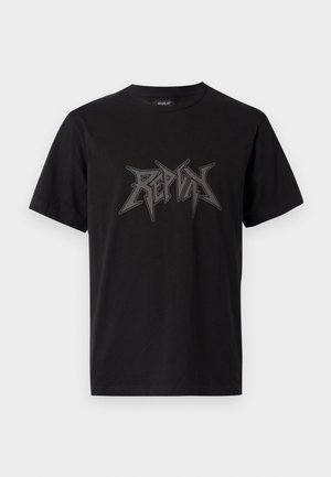 Schwarzes Baumwoll-T-Shirt mit kurzen Ärmeln und rundem Ausschnitt. Auf der Vorderseite befindet sich ein auffälliges graues grafisches Textlogo.