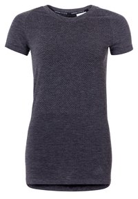 T-shirt de sport gris foncé à manches courtes avec panneau avant supérieur texturé, col rond et logo Adidas près de l'ourlet inférieur.