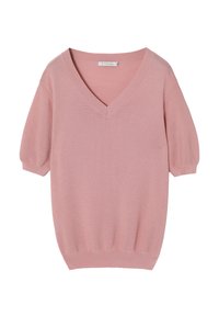 Pull en maille rose doux à manches courtes avec encolure en V et poignets et ourlet côtelés, présenté sur fond blanc.