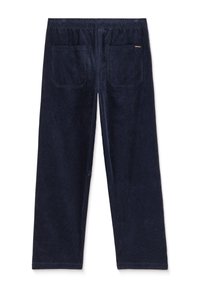 Pantalons en velours côtelé bleu marine avec une taille élastique, dotés de deux poches arrière et d'une coupe droite. Tissu texturé avec des côtes larges.