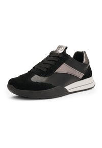 Black and gray casual sneaker with black laces, suede and leather materials, white sole, and metallic heel tab and tongue patch.