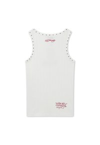 White sleeveless top with studded edges, red "Ed Hardy" script near neckline, and red "Don Ed Hardy designs" logo at bottom back.