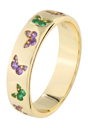 Gold ring with embedded green and purple butterfly-shaped gemstones evenly spaced around the band.