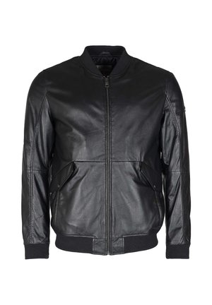 Veste bomber en cuir noir avec fermeture éclair à l'avant, poignets côtelés et deux poches latérales. Présente une texture lisse et des détails de couture.