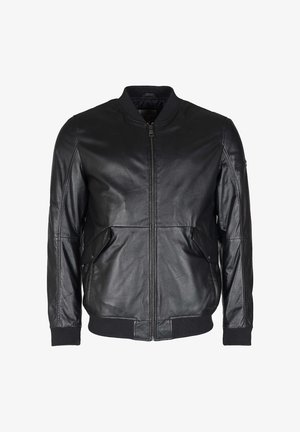 Schwarze Leder-Motorradjacke mit Reißverschluss vorne, gerippten Bündchen und zwei seitlichen Taschen. Hat eine glatte Textur und Nahtdetails.