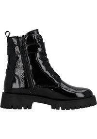 Stivaletti alla caviglia in pelle verniciata nera con lacci frontali, zip laterale e suola in gomma testurizzata. Design platform chunky, accenti minimalisti.