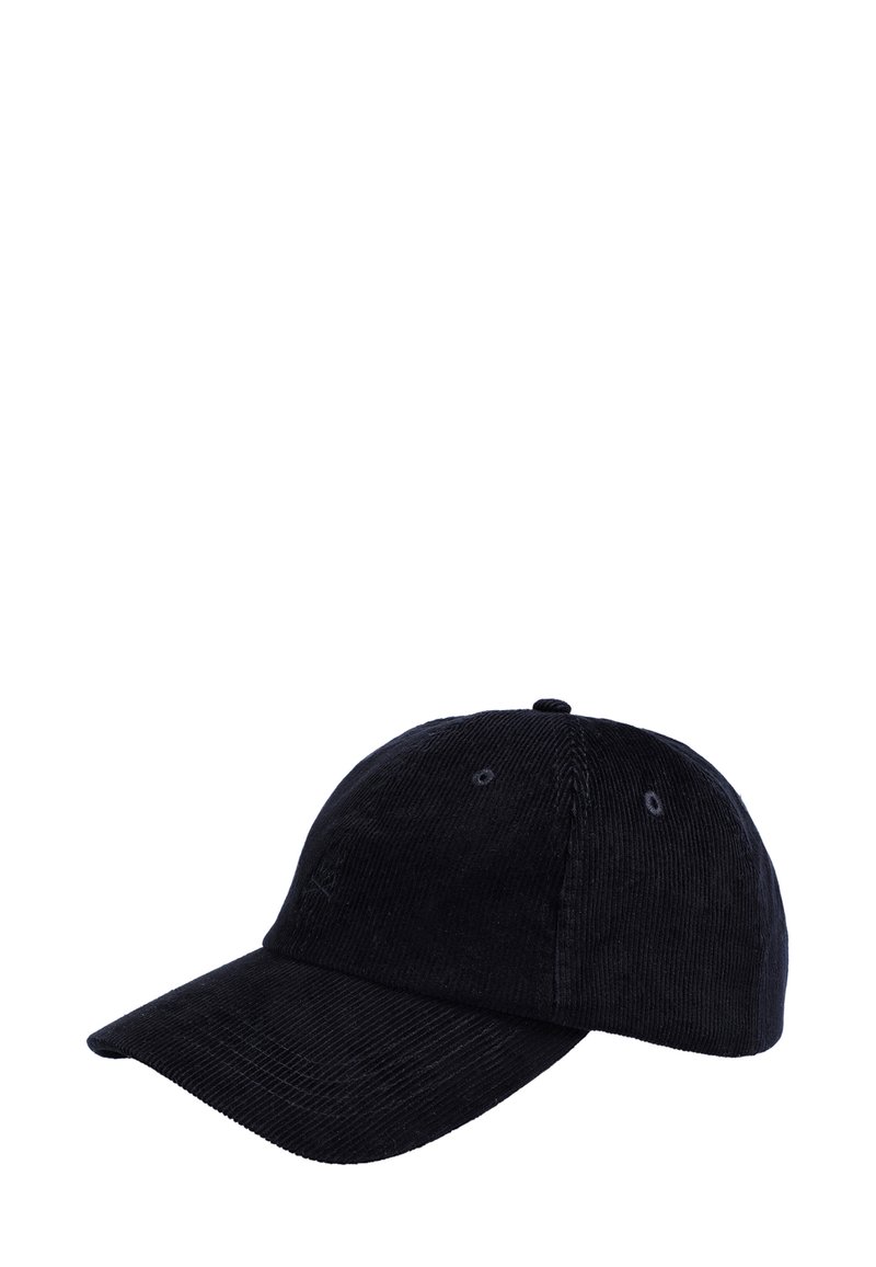 Gorra de pana negra con visera curva, seis agujeros de ventilación y una superficie texturizada. Presenta un pequeño logotipo bordado en la parte frontal.