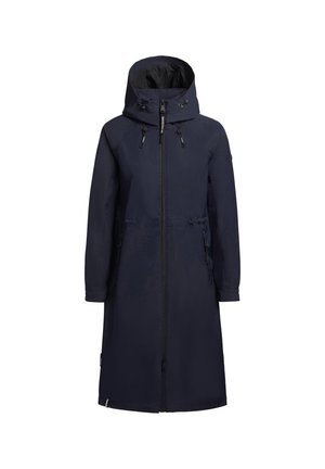 Marinblå vattentät parka med dragkedja framtill, justerbar huva och sidofickor. Slät tyg med lång, rak passform.